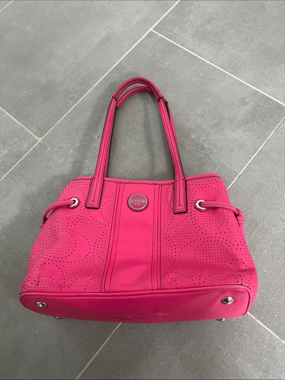 Coach Hot Pink Perforated Leather Shoulder Tote